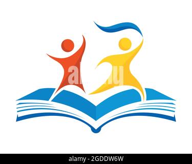 Concept d'éducation. Dessin abstrait de deux personnes tournant sur un livre ouvert en jaune, bleu et rouge sur fond blanc. Image vectorielle Illustration de Vecteur