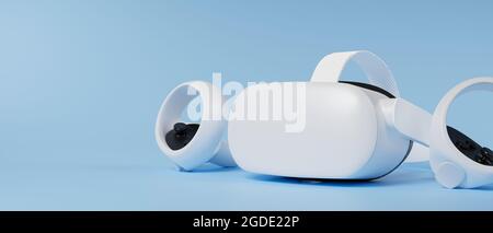 Casque de réalité virtuelle avec contrôleurs sur fond bleu de bébé et espace de copie pour votre texte, jeu de réalité virtuelle, rendu 3d, illustration 3d Banque D'Images