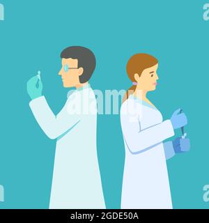 Les scientifiques, hommes et femmes tiennent les pipettes et les tubes entre les mains et effectuent des recherches en biotechnologie en biologie moléculaire. Illustration de Vecteur
