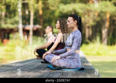 Trois personnes pratiquant un mode de vie sain, sont engagées dans la méditation assis sur un tapis dans une position de lotus sur un pont en bois dans le parc en été Banque D'Images
