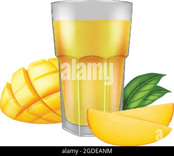 Un verre de jus de mangue frais et de tranches de mangue isolées sur fond blanc. Illustration vectorielle au réalisme photographique. Illustration de Vecteur