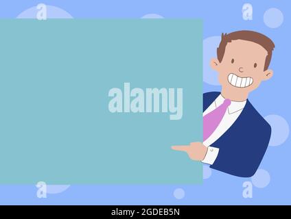 Happy Man in suit dessin tenant debout pointant papier blanc Tableau montrant un nouveau message. Joyeux homme d'affaires points doigt sur le volet de message vide. Illustration de Vecteur