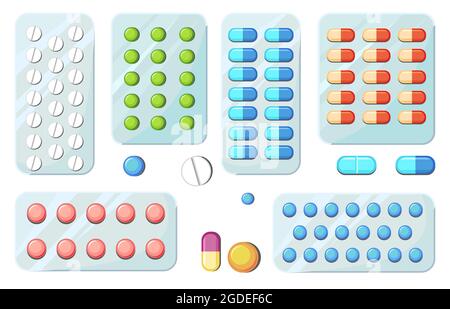 Kit de médicaments. Illustration avec pilules. Médicaments. Produits pharmaceutiques. Ambulance pharmacie. Isolé sur fond blanc. Vecteur de conception plate. Illustration de Vecteur