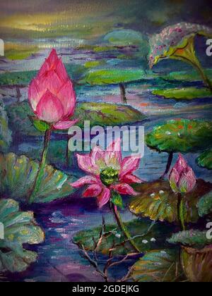 peinture d'art à l'huile fleur de lotus de couleur et fond de nénuphar de thaïlande Banque D'Images