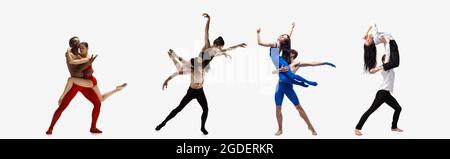 Collage de portraits de danseurs de ballet masculins et féminins dansant isolés sur fond blanc. Concept de l'art, du théâtre, de la beauté et de la créativité Banque D'Images