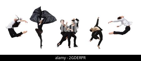 Collage de portraits de danseurs de ballet masculins et féminins dansant isolés sur fond blanc. Concept de l'art, du théâtre, de la beauté et de la créativité Banque D'Images
