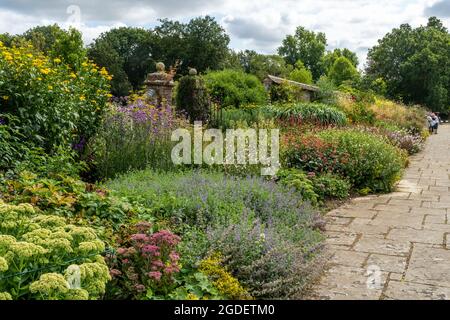 Bordure herbacée avec plantes à fleurs mixtes pendant l'été, Longstock Nussey, Hampshire, Angleterre, Royaume-Uni Banque D'Images