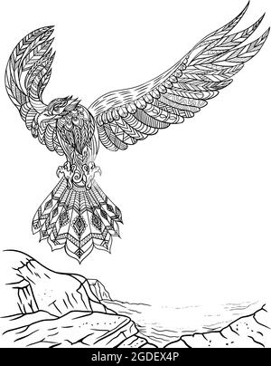 Falcon orienté vers l'avant avec ailes larges ouvertes survolant UN dessin de ligne incolore de falaise. Page de livre de coloriage de plumes d'éparpillement de l'aigle magnifique. Illustration de Vecteur