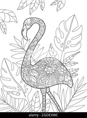 Flamingo debout avec arrière-plan feuillu ligne incolore dessin. Belle Swan stands dans Blooming feuilles coloriage page livre. Illustration de Vecteur