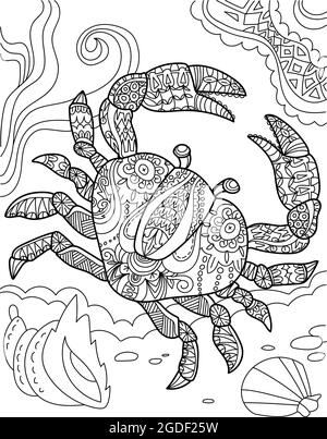 Grand crabe vue du dessus sous-marin entouré de coquillages incolore dessin de ligne. Grand décapode submergé dans Ocean coloriage Book page. Illustration de Vecteur