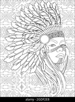 Femme native avec plume Headdress côté aspect incolore ligne dessin. Page de livre de coloriage Lady with Eagle War. Illustration de Vecteur