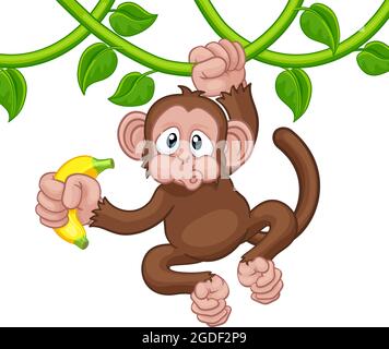 Monkey chantant sur Jungle Vines avec Banana Cartoon Illustration de Vecteur