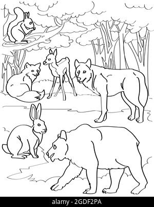 Différentes créatures forestières Deer Fox Wolf Bear Rabbit avec dessin de ligne de fond d'arbre. Page de livre de coloriage de toile de fond de plusieurs animaux sauvages dans la jungle. Illustration de Vecteur