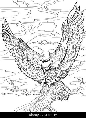 Aigle volant avec ailes large ouvert transportant du poisson mort avec fond nuageux dessin de ligne incolore. Page de livre de coloriage pour le transport d'oiseaux de grande taille. Illustration de Vecteur