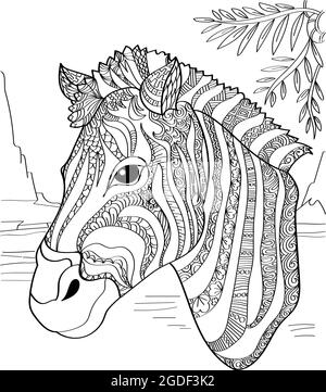 Tête ZEBRA orientée vers le côté avec les feuilles au-dessus du dessin de ligne incolore. Page de livre de coloriage à motif à rayures sur le côté. Illustration de Vecteur