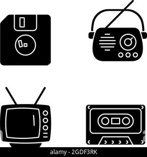 Collection vintage Stuff icônes de glyphe noir sur l'espace blanc Illustration de Vecteur