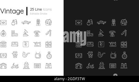 Icônes linéaires de style vintage définies pour le mode sombre et clair Illustration de Vecteur