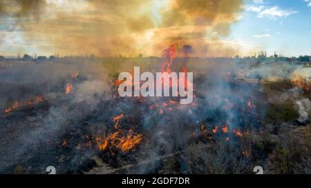 Images en 4K aériennes de pompiers qui ont déclenché un feu de forêt dans les prairies Banque D'Images