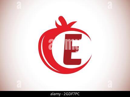 Lettre initiale E monogramme avec tomate. Modèle de logo tomate. Emblème de police. Logo vectoriel moderne pour les affaires d'aliments biologiques, et identité de l'entreprise Illustration de Vecteur