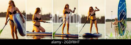 Jeune femme attrayante debout sur un paddle board, SUP. Concept de vie active, sport, loisirs. Vacances, station, plaisir. Image composite Banque D'Images