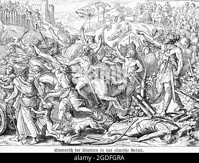 Le Cimbri envahit l'Empire romain vers 100 av. J.-C., illustration historique 1881 Banque D'Images