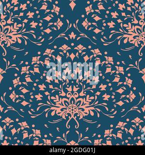 Motif vectoriel sans couture avec fleur rose arc-en-ciel sur fond bleu.Papier peint romantique à motif fleuri baroque.Textile de mode damassé vintage. Illustration de Vecteur