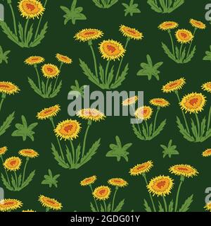 Motif vectoriel transparent avec pissenlits sur fond vert.Papier peint fleuri simple.Textile de mode prairie de fleurs. Illustration de Vecteur