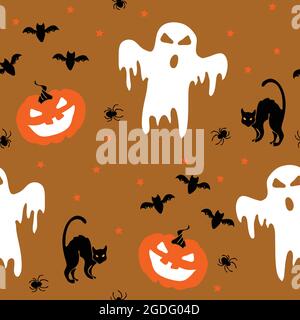 Motif vectoriel de répétition sans couture avec chats fantômes et noirs sur fond beige marron.Papier peint Halloween effrayant. Illustration de Vecteur