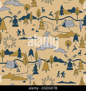 Motif vectoriel transparent avec paysage de randonnée sur fond jaune.Design de papier peint de camping heureux.Textile décoratif été mode de vie. Illustration de Vecteur