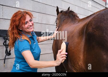 Femme souriant tout en brossant un cheval dans une écurie. Banque D'Images