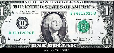 Côté opposé de 1 billet d'un dollar série 1981 avec le portrait du président George Washington, vieux billet d'argent américain, rétro rétro
