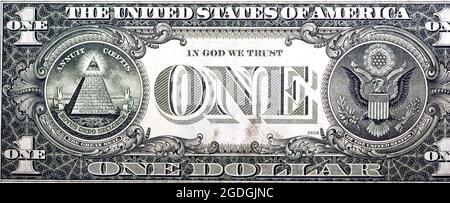 Revers de 1 billet d'un dollar série de billets 1981 avec le grand sceau des États-Unis, le vieux billet d'argent américain, rétro vintage, USA Banque D'Images