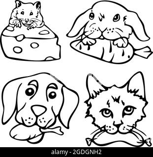 Collection d'illustrations vectorielles de contours animaux de compagnie visages avec de la nourriture dans leur bouche. Lapin avec carotte, chien avec jambe de poulet, chat avec saucisse, souris avec humour Illustration de Vecteur