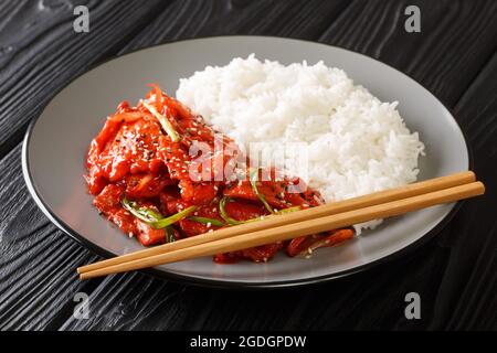 Vue rapprochée de Dwaejigogi bokkkkeum ou de JeyUK BOKKEUM de style coréen Spicy sauté porc gros plan dans une assiette sur la table. Horizontale Banque D'Images