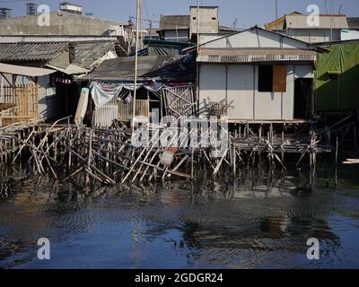 Nord de Jakarta, Indonésie. 12 août 2021. Situation de la côte du Cilincining, dans le nord de Jakarta, qui risque actuellement d'être noyée. Lors du discours de Joe Biden sur le changement climatique qui s'est tenu le 27 juillet, il a déclaré que la capitale de Jakarta risque d'être noyée dans les 10 prochaines années. Crédit : Pacific Press Media production Corp./Alay Live News Banque D'Images