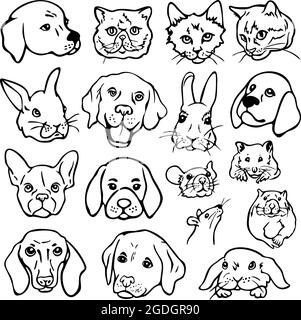 Jeu d'illustrations vectorielles avec faces d'animaux domestiques. Chiens, chats, lapins, souris, rats, portraits de contours de hamsters. Illustration de Vecteur