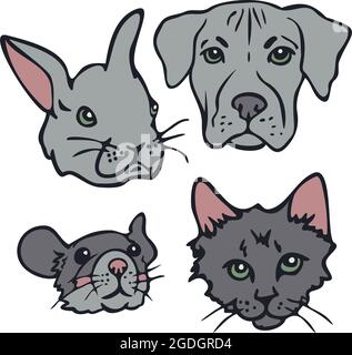 Ensemble d'illustrations vectorielles avec des visages de chat, de lapin, de chien et de souris. Collection jolis visages pour animaux de compagnie. Illustration de Vecteur