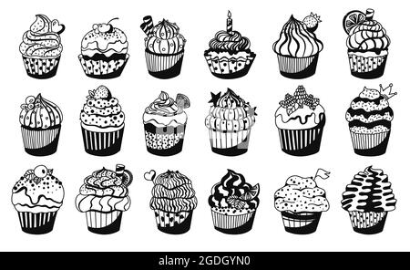 Ensemble de muffins noirs et blancs avec différentes décorations: Crème, garniture, baies, agrumes, bougie. Collection de desserts mignons dessinés à la main. Vecteur Illustration de Vecteur