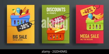 Ensemble de modèles de circulaires pour le programme de fidélité des épiceries avec panier complet de nourriture et de boissons du supermarché Illustration de Vecteur