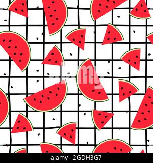 Motif de carreaux en tranches de pastèque sans couture. Fruit frais doux plat sur fond à carreaux et rayures noires. Repas d'été colorés et lumineux. Melon coupé rouge avec Illustration de Vecteur