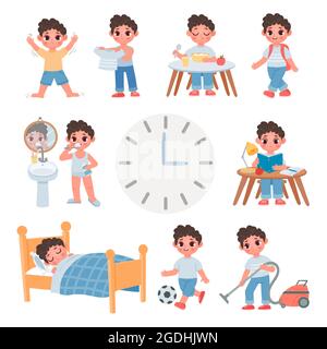 Activité de routine de jour pour enfant de l'école de dessin animé. Horaire quotidien avec le sommeil, manger, jouer, étudier et nettoyer de mignon garçon. Ensemble de vecteurs de style de vie santé Illustration de Vecteur