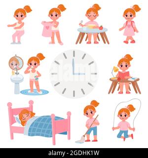 Programme de routine de petite école fille de jour mignon. Dessin animé enfant activité, exercice, robe, brosse dents et corvées. Graphique vectoriel quotidien pour enfant Illustration de Vecteur