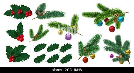 Feuilles de houx aux baies rouges et branches de sapin aux boules de noël. Décoration GUI réaliste, cônes de pin. Ensemble de décorations vectorielles de Noël Illustration de Vecteur
