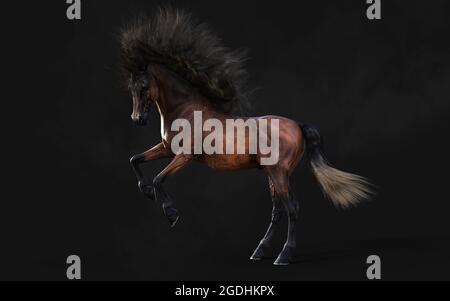 Illustration 3d magnifique posture du cheval brun et longue Mane isoler sur arrière-plan sombre avec masque. Banque D'Images