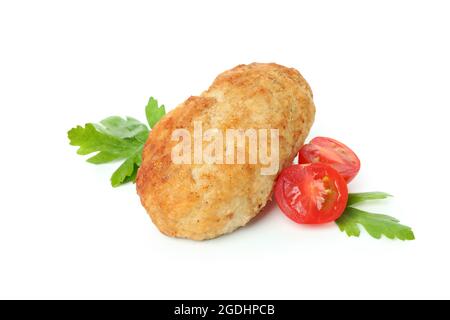 Côtelette, tomate et persil isolés sur fond blanc Banque D'Images