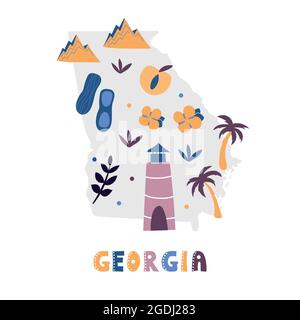Collection de cartes des États-Unis. Symboles d'état et nature sur la silhouette grise de l'état - Géorgie. Style de dessin animé simple pour l'impression Illustration de Vecteur