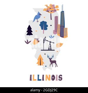 Collection de cartes des États-Unis. Symboles d'état et nature sur la silhouette d'état grise - Illinois. Style de dessin animé simple pour l'impression Illustration de Vecteur