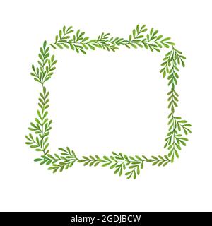 Vert feuilles cadre carré simple dessin main aquarelle illustration, verdure festive clipart, décoration de fête pour invitation, mariage ou cartes de voeux Banque D'Images