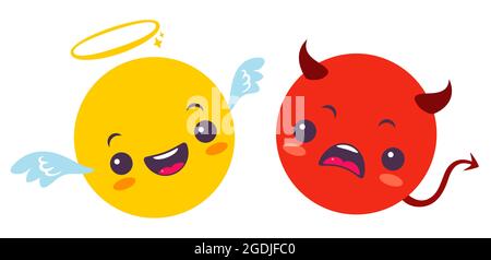 Vector définit deux sourires. Drôle et enragé emoji dans le style kawaii. Ensemble vectoriel de deux sourires d'ange et de diable. Illustration de Vecteur