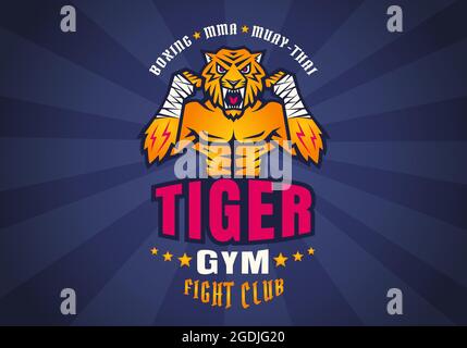 Logo Vector Retro sport de Tiger fighter pour le club de combat. Imprimé vintage pour un t-shirt avec un chasseur de tigres en colère. Illustration de Vecteur